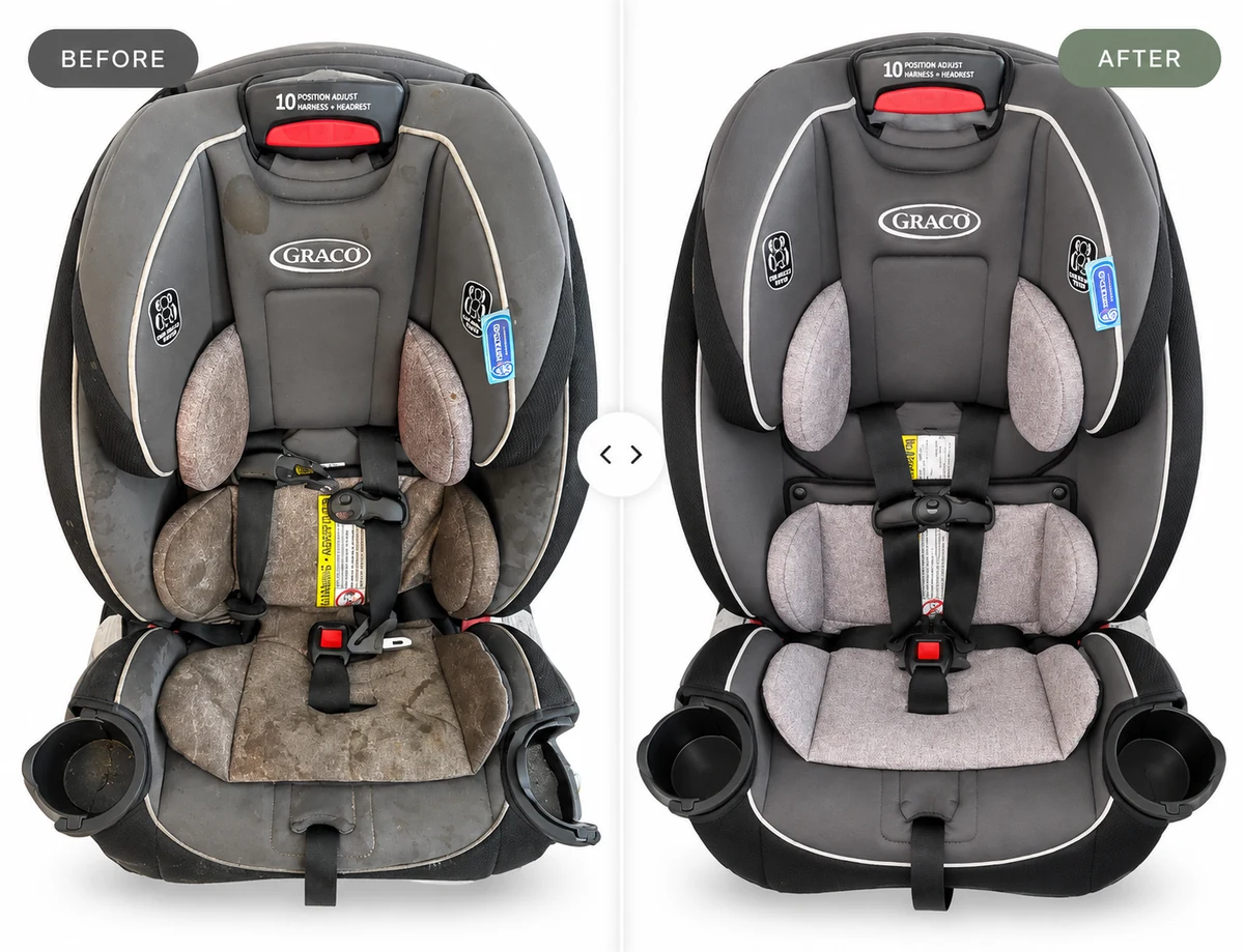 Before and after cleaning: Graco car seat