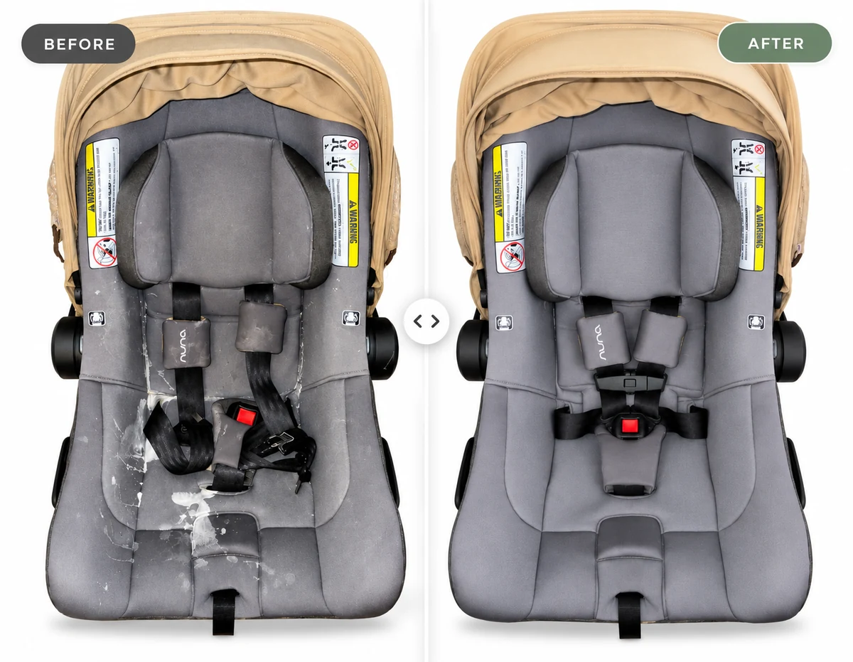 Before and after cleaning: Nuna infant car seat